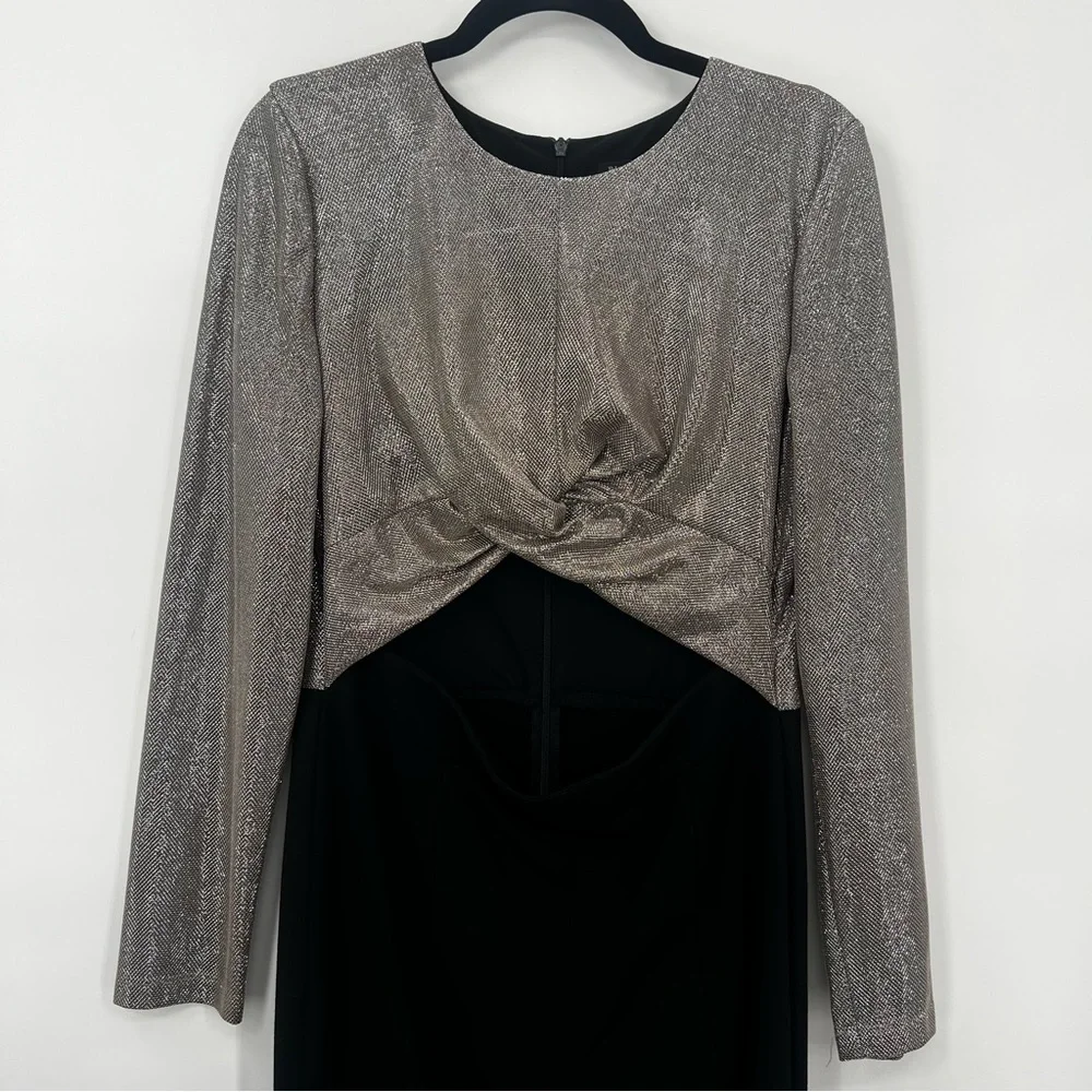 Black Halo Angie Flared Leg Jumpsuit Cutout Metallic Silver Bodice Romper 12 - Picture 12 of 17